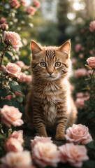 Obraz premium Gattino nel giardino delle rose rosa