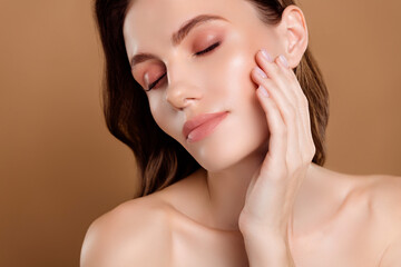 Photo of tender lady using touch new formula cream on skin enjoy softness on pastel color background