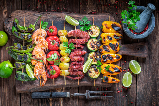 Healthy Grilled Skewer Made Of Seasonal Vegetables And Spices.