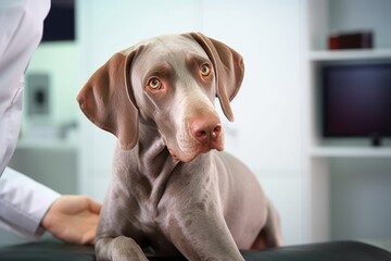 Close up of a beautiful weimaraner dog at the veterinarian. Sick cute pet sitting at the examination table at the animal clinic, Generative AI 