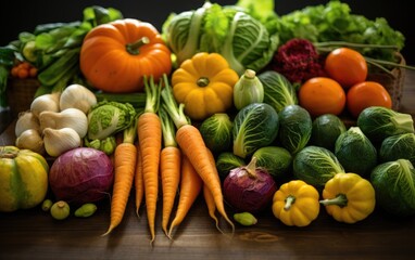 Arrangement of colorful autumn vegetables like carrots, squash, and brussels sprouts, creating a farm-to-table Thanksgiving background