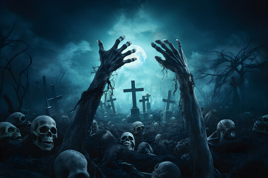 Scary halloween background with ghostly zombie hands and skulls in a haunted tomb graveyard at hight