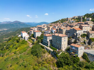 Aerial drone view of Sartenes village on Corsica island, France