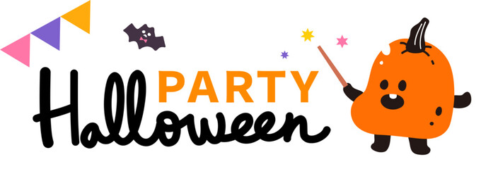 Halloween party invitation card cute cartoon character illustration. pumpkin bat magic poster sale template banner
