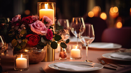 Elegant table setting with candles and flowers in restaurant. Selective focus. Romantic dinner setting with candles and flowers on table in restaurant - obrazy, fototapety, plakaty