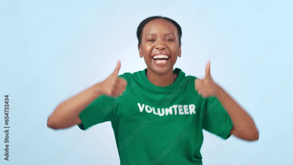 Poster Thumbs up, volunteer and woman for charity, eco friendly support and nonprofit goals on a blue background. Excited face of african person with success, hands or like emoji and dance for NGO in studio