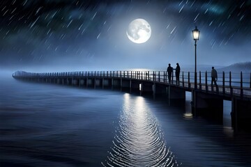 moon over the sea at night with rain