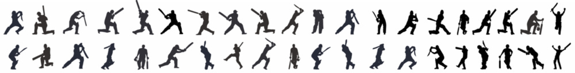 Silhouettes of Cricket players. Batsman hitting different shot in various tournament and leagues. Bats, gloves, stump, cricket ball, pads, abdomen guard. World cup, T20 league, Test match. 