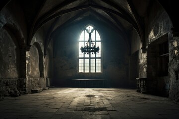 A bare medieval room with a Gothic window, stone walls, a vaulted ceiling and a chandelier hanging in front of the window.