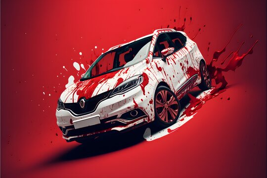 Jeff Lukes modern car ad red paint splatters all over front of car red paint all over front of car white electric car minimal vintage 4k highquality resolution perfect hand and fingers 