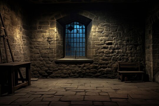 A medieval dungeon with carved stone walls, a barred window and a wooden bench.