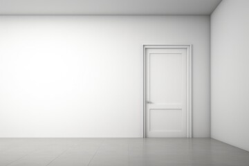 A minimalist white room featuring a closed white door with a silver handle.