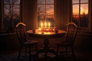 A romantic dinner setup, overlooking a sunset, with lit candles and ornate furnishings.