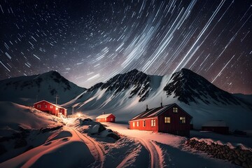 long exposure photo snowy mountain idyllic red houses of svalbard norway 1 shooting star galactic night sky etherreal glow cinematic 4k  - obrazy, fototapety, plakaty
