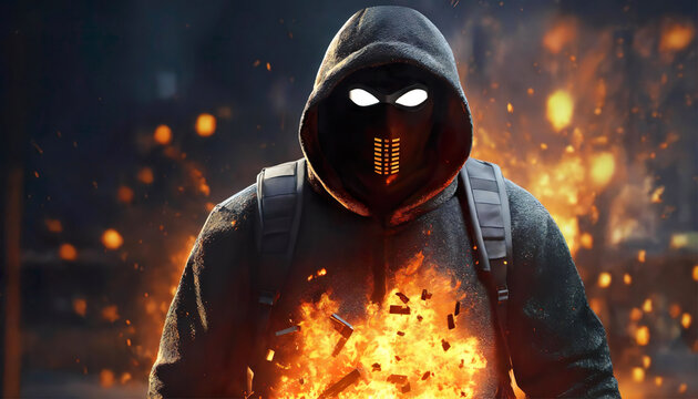 riot adult incognita unrecognizable man wearing plastic mask for protection. Male at night, wearing black hoodie as a form of protection with city explosion lights in the background. generative ai