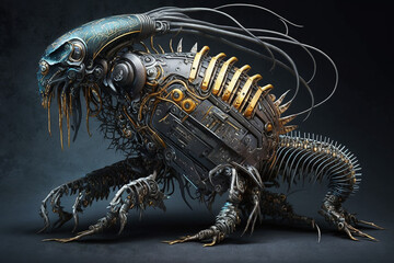 Metal steampunk skeleton alien creature with thorns side view generative AI - obrazy, fototapety, plakaty