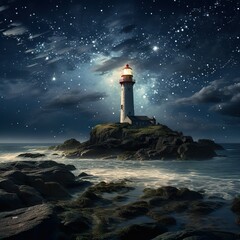 Leuchtturm auf Insel bei Nacht und Sternenhimmel