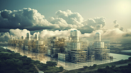 futuristic city concept in clouds over a river
