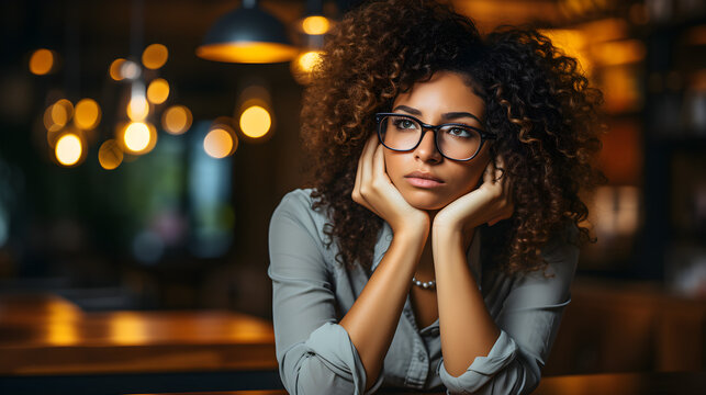 Portrait of a beautiful black woman with afro hair and glasses posing for a photo, AI-generated image
