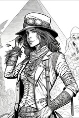 a coloring page of a female steampunk explorer standing by the great pyramids of Egypt she is dirty and disheveled victorious brave tomboy steampunk close up full body realistic 