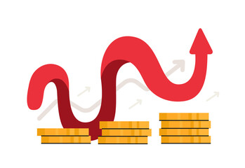 Flexible red growing arrow with stacks of gold coins. Business growth or effective startup strategy concept. Finance and investment. Financial success and money growth. Vector illustration.