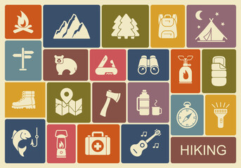 A set of flat icons on the theme of hiking and outdoor recreation