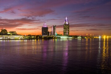Downtown Mobile waterfront skyline at sunset