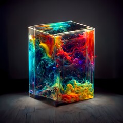 3D clear cube filled with liquid paint abstraction in dark space highly detailed 8k hdr minimalism 