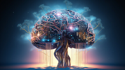 Artificial Tree and a Brain Covered by Electrical Wiring Circuits - obrazy, fototapety, plakaty