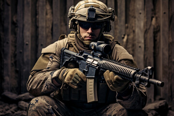 Fototapeta premium Fully equipped army soldier on a high-stakes mission, amidst the chaos and challenges of the battlefield. Ai generated