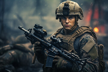 Fototapeta premium Fully equipped army soldier on a high-stakes mission, amidst the chaos and challenges of the battlefield. Ai generated
