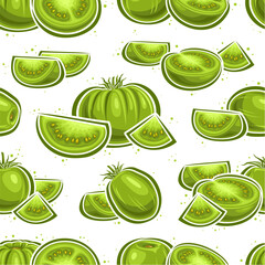 Vector Green Tomato seamless pattern, repeating background with still life compositions of tomatoes for bed linen, decorative square poster with group of flat lay sour tomato fruits for home interior