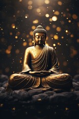 Golden Buddha statue on dark background with stars 