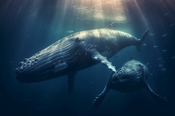 Photographer captures humpback whales in underwater encounter. Generative AI