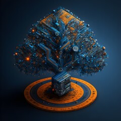 a Christmas tree in blue and orange made from semiconductors and processors with a big infinity symbol cyberpunk style 