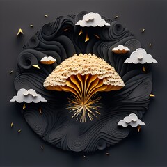 paper quilling of a Mushroom cloud crystalline papercraft minimalism black colors geometrism golden touch unreal engine 