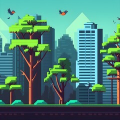 flappy bird game background for parallax effect with city and trees in the back pixel art 