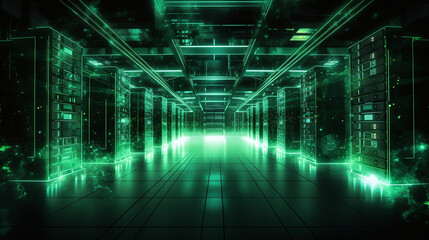 Dark room full of server for cloud computing glowing in green
