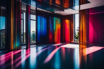 A Photograph capturing a bold, chromogenic moment inside a modern house, where vibrant colors dance across translucent surfaces.