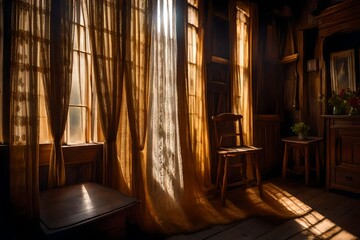 A Photograph: Within the rustic walls of an aged farmhouse, bathed in warm golden hues, capture the dance of light through vintage lace curtains and the nostalgic charm of worn furniture.