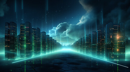 Illustration of glowing road through server farm