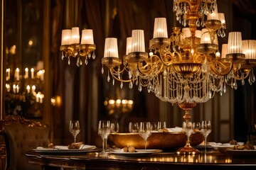 Fototapeta na wymiar A Photograph capturing the essence of opulence, bathed in warm golden tones. A grand chandelier illuminates a meticulously arranged table, enticing viewers with its exquisitely layered delicacies.
