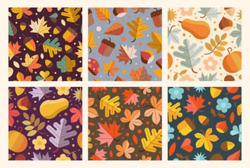 Autumn pattern set with maple, oak and chestnut leaves and various natural elements