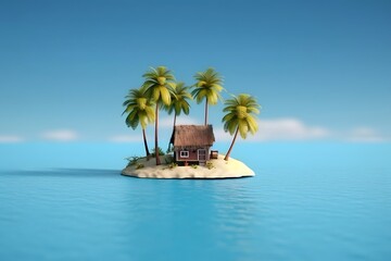 Tropical island with palm trees and bungalows