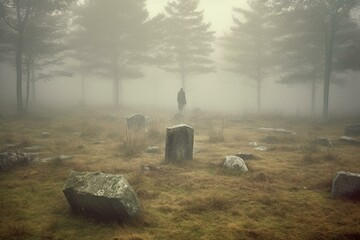 Spirit in misty burial ground. Generative AI
