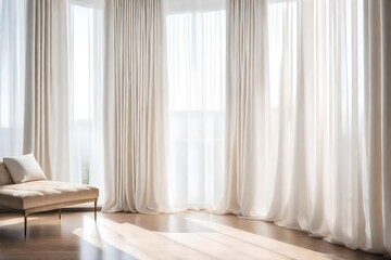 A Photograph capturing the essence of a minimalist interior in pearlescent white, accentuated by soft natural light streaming through sheer curtains. - obrazy, fototapety, plakaty