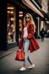 Beautiful young woman walking on the street.Fashion concept.