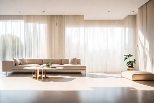 A photograph capturing the minimalist charm of a sunlit modern interior; sleek lines, soft neutrals, cascading light, and tranquil stillness.