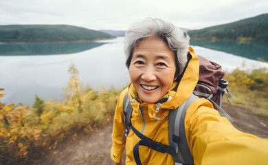 Smiling senior gray-haired asian woman taking selfie while hiking in nature in autumn