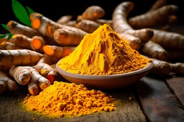 Turmeric powder in bowl on wooden table